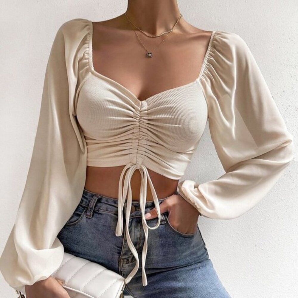 Beige Casual Women's Sweetheart Neck Drawstring Lantern Sleeve Crop Top